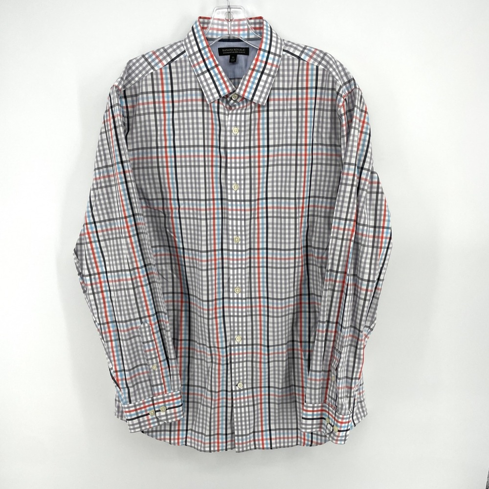 Banana Republic Mens XL Non-Iron Tailored Slim Fit Plaid‎ Button Down Shirt Gray